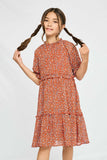 GY2420 Rust Girls Ditsy Floral Ruffle Detail Dress Front