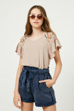 GY2429 Girls Embroidered Flutter Sleeve Top Front