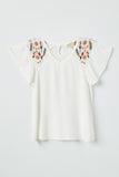 GY2429 Off White Girls Embroidered Flutter Sleeve Top Flat Front