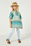 GY2451 Teal Girls Tie Neck Border Print Tunic Full Body