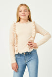 GY2459 Ivory Girls Ruffle Detailed Ribbed Long Sleeve Tee Front