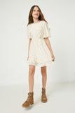 GY2464 Off White Girls Ruffled Cinch Waist Floral Mini Dress Full Body