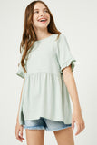 GY2509 Mint Girls Ruffle Sleeve Button Back Peplum Top Front