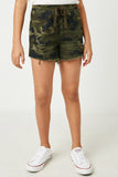 GY2526 Camo Girls Distressed Camo Denim Drawstring Shorts Front