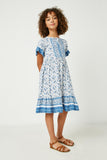 GY2532 Blue Girls Flutter Sleeve Tie Neck Mini Dress Full Body