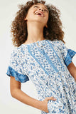 GY2532 Blue Girls Flutter Sleeve Tie Neck Mini Dress Close Up