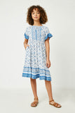 GY2532 Blue Girls Flutter Sleeve Tie Neck Mini Dress Front