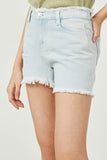 GY2559 Light Denim Girls Distressed Frayed Detail Denim Shorts Close Up