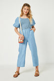 GY2567 Dark Denim Girls Smocked Puff Sleeve Tencel Jumpsuit Full Body