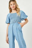 GY2567 Dark Denim Girls Smocked Puff Sleeve Tencel Jumpsuit Front