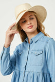 GY2570 Light Denim Girls Button Down Peplum Western Tencel Shirt Close Up