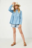 GY2570 Light Denim Girls Button Down Peplum Western Tencel Shirt Full Body