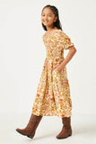 GY2595 ORANGE Girls Square Neck Puff Sleeve Smocked Midi Dress Side