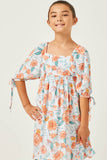 GY2609 BLUE Girls Romantic Floral Tie Sleeve Mini Dress Detail