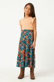 GY2610 TEAL Girls Floral Elastic Midi Skirt Full Body