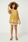 GY2629 Yellow Girls Bandana Print Ruffle Sleeve Peplum Top Full Body