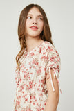 GY2630 IVORY Girls Floral Drawstring Sleeve Dress Detail