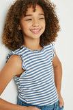 GY2652 Denim Girls Ruffle Neck Striped Tank Cloe Up