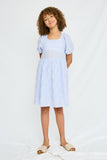 GY2684 BLUE Girls Textured Bow Back Squre Neck Dress Full Body