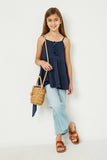 GY2685 Navy Girls Tiered Texture Knit Sleeveless Tassel Top Full Body