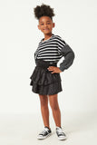 GY2763 BLACK Girls Contrast Stripe Sleeve Textured Knit Top Full Body