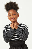 GY2763 BLACK Girls Contrast Stripe Sleeve Textured Knit Top Front