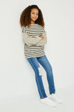 GY2763 OATMEAL Girls Contrast Stripe Sleeve Textured Knit Top Full Body