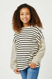 GY2763 OATMEAL Girls Contrast Stripe Sleeve Textured Knit Top Front