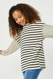 GY2763 OATMEAL Girls Contrast Stripe Sleeve Textured Knit Top Side