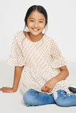 GY2775 Ivory Girls Ruffled Detail Sheer Polka Dot Peplum Top Sitting Pose