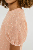 GY2776 BLUSH Girls Swiss Dot Loose Knit Puff Sleeve Top Detail