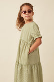 GY2806 Sage Girls Relaxed Lightweight Gingham Button Dress Side