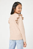 GY2837 OATMEAL Girls Ruffled Long Sleeve Pocketed T Shirt Side