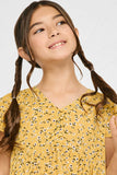 GY2894 Mustard Girls Floral Buttoned Flutter Sleeve Dress Detail