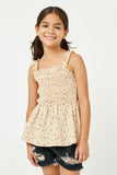 GY2934 CREAM Girls Textured Ruffle Strap Polka Dot Peplum Top Front