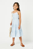 GY2943 BLUE Girls Button Down Ruffle Tiered Sleeveless Dress Full Body