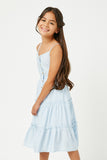 GY2943 BLUE Girls Button Down Ruffle Tiered Sleeveless Dress Front