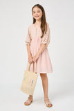 GY2999 MAUVE Girls V Neck Buttoned Eyelet Mixed Media Dress Full Body