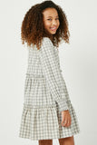 GY5003 GREY Girls Smocked Cuff V Neck Tiered Plaid Dress Side