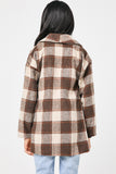 GY5075 TAUPE Girls Brushed Plaid Shawl Collar Open Jacket Back