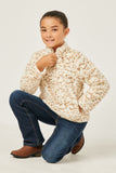 GY5082 IVORY Girls Mock Neck Half Zip Leopard Print Fleece Top Pose