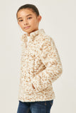 GY5082 IVORY Girls Mock Neck Half Zip Leopard Print Fleece Top Side