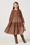 GY5098 BROWN Girls Long Sleeve Floral Block Ruffled Tie Neck Long Sleeve Dress Full Body