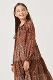 GY5098 BROWN Girls Long Sleeve Floral Block Ruffled Tie Neck Long Sleeve Dress Detail