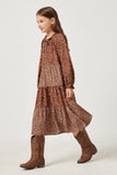 GY5098 BROWN Girls Long Sleeve Floral Block Ruffled Tie Neck Long Sleeve Dress Side