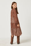 GY5098 BROWN Girls Long Sleeve Floral Block Ruffled Tie Neck Long Sleeve Dress Back