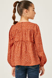 GY5124 RUST Girls Linen Look Ruffled Sleeve Keyhole Dress Back