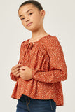 GY5124 RUST Girls Linen Look Ruffled Sleeve Keyhole Dress Front 2