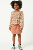 GY5160 BROWN Girls Ruffled Detailed Smocked Square Neck Long Sleeve Peplum Full Body