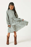 GY5179 JADE Girls Floral Print Ruffled Waist Detail Long Sleeve Dress Full Body 2